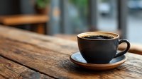 Steaming black coffee in dark ceramic cup on rustic wooden table by window in cozy cafe atmosphere.