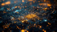 Glowing digital circuit with golden light particles floating above microchip surface, futuristic technology concept against dark blue background with bokeh effect.