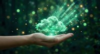 Hand holding glowing green cloud with digital technology icons representing cloud computing, data storage and network connectivity solutions.