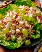 Fresh waldorf salad with green grapes, apple chunks, celery, and walnuts served on crisp lettuce leaves, dressed in creamy mayonnaise-based dressing.