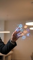 Businessman hand touching holographic digital interface with floating geometric shapes and data visualization elements in modern office environment.
