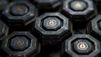 Octagonal power buttons with glowing symbols arranged in dark metallic pattern, close-up view showing modern technology interface design elements.