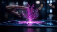 Female hand reaching towards glowing purple holographic tree emerging from digital surface against dark background with bokeh lights. Futuristic technology concept.