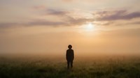 Silhouette of person standing alone in misty field during golden sunrise, contemplating peaceful morning landscape with warm sunlight and fog.