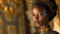 African woman in ornate golden headwrap and jewelry with warm lighting for luxury fashion and cultural beauty concepts.