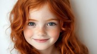 Young girl with natural red curly hair, bright blue eyes and freckles smiling warmly against white background. Close up portrait showing genuine happiness.