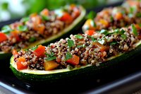 Stuffed zucchini boats filled with quinoa, diced tomatoes, and fresh herbs create a colorful vegetarian meal. Close up view shows texture and vibrant ingredients.