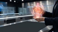 Businessman holding glowing digital clock hologram in modern office representing time management and productivity concepts for business presentations.