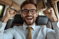 Excited Caucasian businessman celebrating success in car. Young professional male with glasses and beard showing joy and achievement while seated.