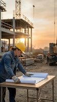Construction worker in yellow hard hat reviewing blueprints at building site during golden hour sunset for project planning and development.