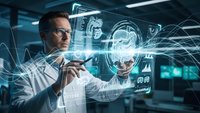 Middle-aged Caucasian male scientist in white lab coat interacting with futuristic holographic interface displaying medical data and brain scans in modern laboratory.