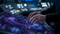 Futuristic holographic interface with glowing purple circuits being operated by human hands in high-tech control room environment for digital technology concepts.