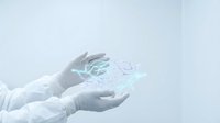 Medical professional in white gloves holding holographic brain with neural network connections for healthcare technology and neuroscience research applications.