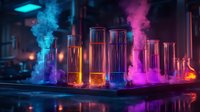 Glowing laboratory test tubes with colorful blue and pink smoke effects against dark background, dramatic lighting creates mysterious scientific atmosphere.