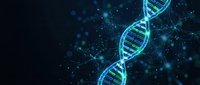 Glowing DNA double helix structure with digital particles and light effects on dark background for biotechnology and genetic research concepts.