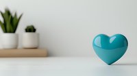 Minimalist turquoise heart shape on white surface with blurred potted plants in background, modern romantic concept for wellness and love messages.