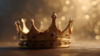 Golden royal crown with precious gems on dark background with magical bokeh lights and mystical atmosphere. Concept of power, monarchy and leadership.