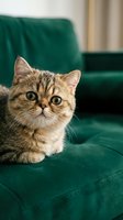 Adorable tabby kitten with big eyes sitting on emerald green velvet sofa in cozy living room interior for pet care and home decor concepts.
