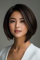 Young Asian woman with short dark bob hairstyle wearing white blazer and delicate necklace against neutral background, professional portrait with soft lighting and natural makeup.