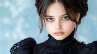 Young woman with braided hairstyle and blue eyes wearing vintage black high-collar dress against soft blue background.
