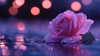 Pink rose with water drops reflecting in dark surface against blurred bokeh lights background, romantic mood with purple and pink tones.