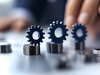 Metal gears balanced on stacks of coins against blurred background, representing business growth, financial mechanisms and investment strategy.