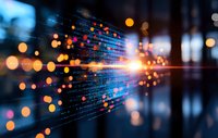 Abstract digital data stream with glowing orange and blue light particles flowing through binary code matrix, reflecting on dark surface.