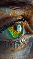 Extreme close-up of vibrant green and gold human eye with long eyelashes and water droplets on skin, showcasing intricate iris detail.