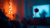 Single red rose silhouette against blurred orange and blue background with bokeh lights creating romantic atmospheric mood for valentines or anniversary designs.