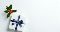 White gift box with navy blue ribbon bow and holly leaves with red berries on white background, isolated for holiday greeting cards, seasonal promotions, and festive design projects.