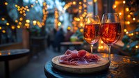Romantic evening with two glasses of red wine and heart-shaped chocolates on wooden table with warm bokeh lights creating intimate atmosphere for celebration.