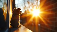 Silhouette of small dog sitting on windowsill at sunset with dramatic sunburst and lens flare creating warm atmospheric mood. Pet watching through window.