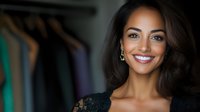 Young Hispanic woman with bright smile wearing black lace dress against blurred wardrobe background. Professional portrait with natural makeup and long dark wavy hair.
