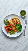 Grilled salmon with quinoa salad, asparagus, cherry tomatoes and broccoli on white plate with herb sauce. Healthy balanced meal on marble background.