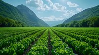 Green agricultural field with crop rows stretching toward mountains under blue sky with white clouds in rural valley landscape for farming concepts.
