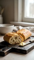 Freshly baked baguette sliced on wooden cutting board with butter and bowl near window, ideal for bakery, food styling, and culinary content.