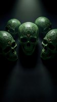 Five ornate green skulls with intricate floral patterns arranged on dark background. Suitable for gothic, Halloween, occult, and artistic design projects.