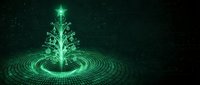 Digital Christmas tree made of glowing green particles and light trails on dark background with circular wave pattern for holiday technology designs.