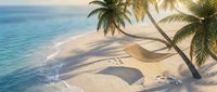 Tropical paradise beach with leaning palm trees casting shadows on pristine white sand beside crystal clear turquoise ocean waters at golden hour sunset.