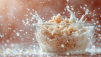 Cereal flakes splashing in milk creating dynamic drops and splashes in glass bowl, perfect for breakfast advertising and food photography on brown background.
