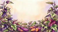 Illustrated border frame with purple flowers and sweet potato vines on cream background, suitable for invitations, cards, and design projects.