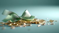 Elegant mint green satin bow with scattered golden coins on turquoise background, shallow depth of field creates dreamy bokeh effect for financial concepts.