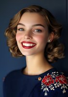 Young woman with bright smile wearing navy blue dress with red floral embroidery detail. Retro-styled curled hair and classic red lipstick create vintage glamour look.
