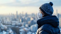 Asian woman in winter coat and knit hat wearing protective face mask looks at city skyline during sunset, expressing contemplation and solitude.