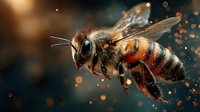 Macro close-up of honeybee in flight with detailed wings and fuzzy body against warm bokeh background with golden light particles and sparkling effects.