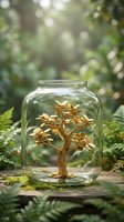 Golden money tree sculpture inside clear glass jar surrounded by green ferns in natural forest setting with soft bokeh background for wealth concepts.