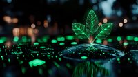 Glowing green marijuana leaf reflection on dark water surface with bokeh lights creating mystical atmosphere. Artistic cannabis concept for creative projects.
