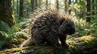North American porcupine with sharp quills sitting on mossy log in sunlit forest habitat displaying natural wildlife behavior and defensive spines.