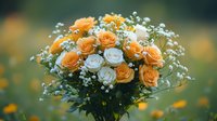 Fresh bouquet combining peach roses and white roses with delicate baby's breath flowers against soft bokeh background, romantic floral arrangement for weddings.