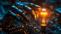 Robotic hand reaching for glowing light bulb on circuit board background, symbolizing artificial intelligence and technological innovation in machine learning.